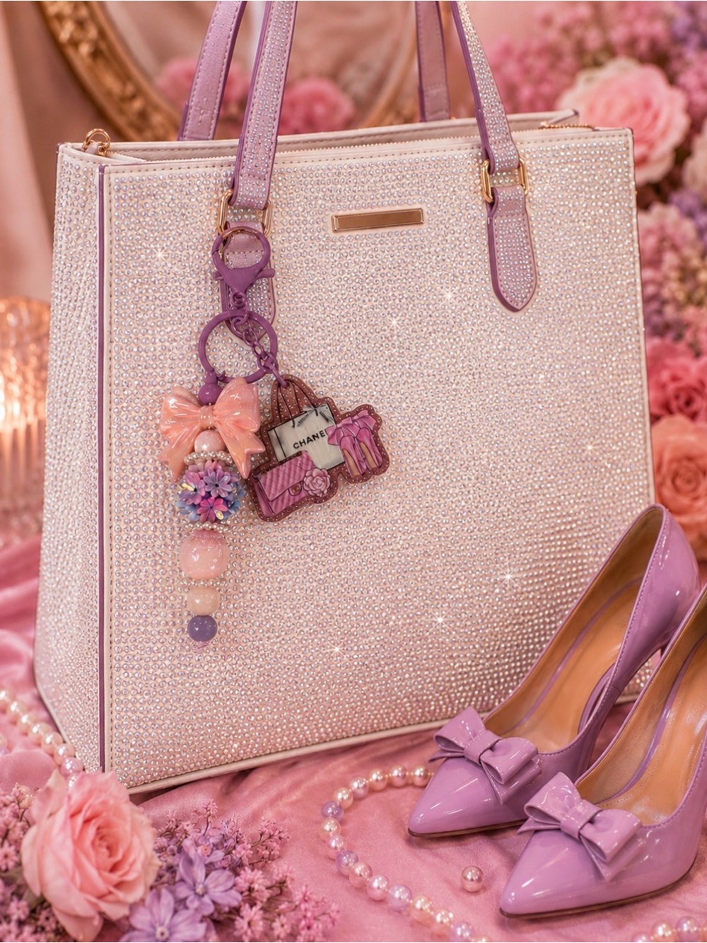 Handmade Beaded Bow Keychain with inspired acrylic charm